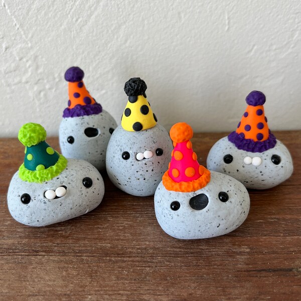 Birthday Rocks with party hat/unique gift idea/funny party rocks/pet rock/desk buddies