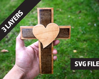 Decorative 3 Layer Wooden SVG, JPEG File with Cross and Heart Design DIY