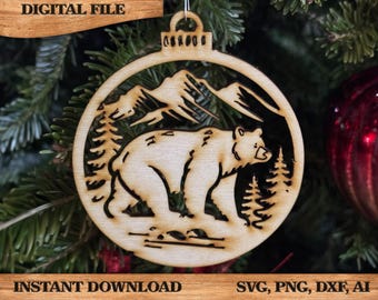 Bear Mountain Ornament Rustic DIY craft SVG, DXF Bear Scene Laser Cut File Instant Download