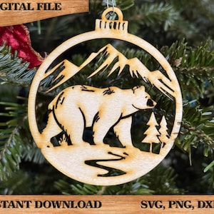 Bear Mountain Ornament Rustic DIY craft SVG, DXF Bear Scene Laser Cut File Instant Download