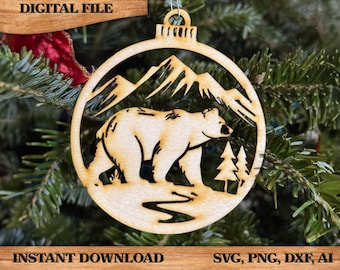 Bear Mountain Ornament Rustic DIY craft SVG, DXF Bear Scene Laser Cut File Instant Download