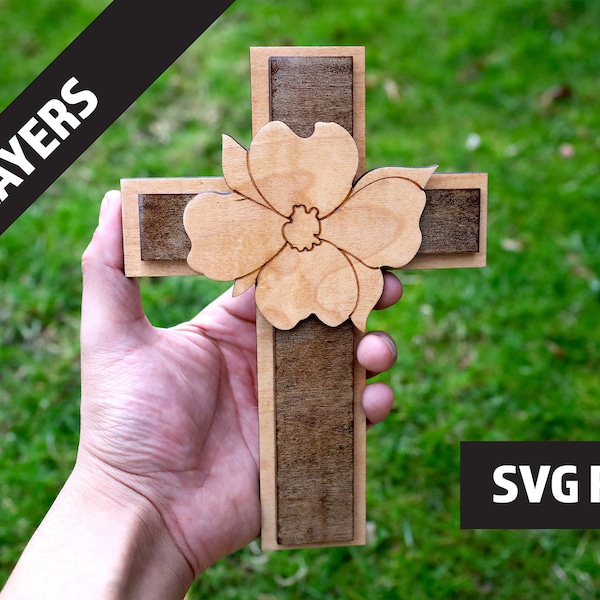 Decorative 3 Layer Wooden SVG File with Cross and Flower Design DIY