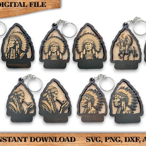 May include: Eight wooden keychains with Native American designs. The keychains feature images of Native American men in headdresses, a Native American man riding a horse, and a Native American man smoking a pipe. The keychains are all in the shape of an arrowhead.