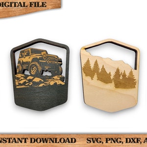 May include: Two digital cut files for a Jeep and a mountain scene. The Jeep is black and the mountain scene is on a light wood background.