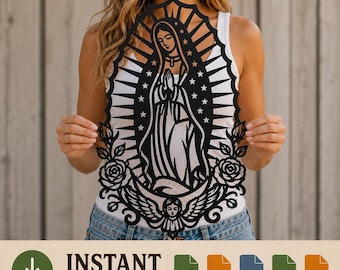 May include: A black laser-cut silhouette design featuring the Virgin of Guadalupe with hands in prayer, surrounded by a sunburst, stars, roses, and a winged cherub at the base. This digital file is available for instant download in SVG, AI, DXF, PNG, and PDF.