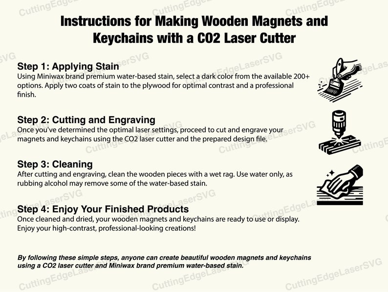 May include: Instructions for making wooden magnets and keychains using a CO2 laser cutter. The steps include applying stain, cutting and engraving, cleaning, and enjoying the finished products.
