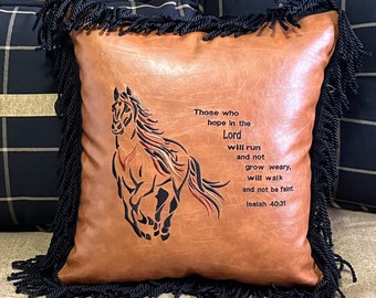 Western Horse Scripture Pillow | Cognac Vegan Leather Throw with Fringe | Isaiah 40:31 | Cabin pillow