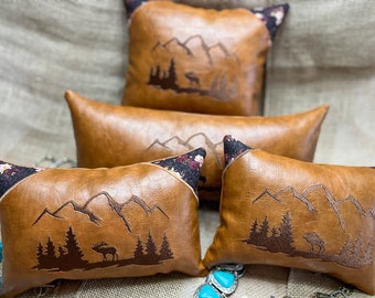 Leather pillow, lodge pillow, rental cabin décor, small lumbar pillow, mountain lodge décor, cabin lodge decoration, mountain pillow