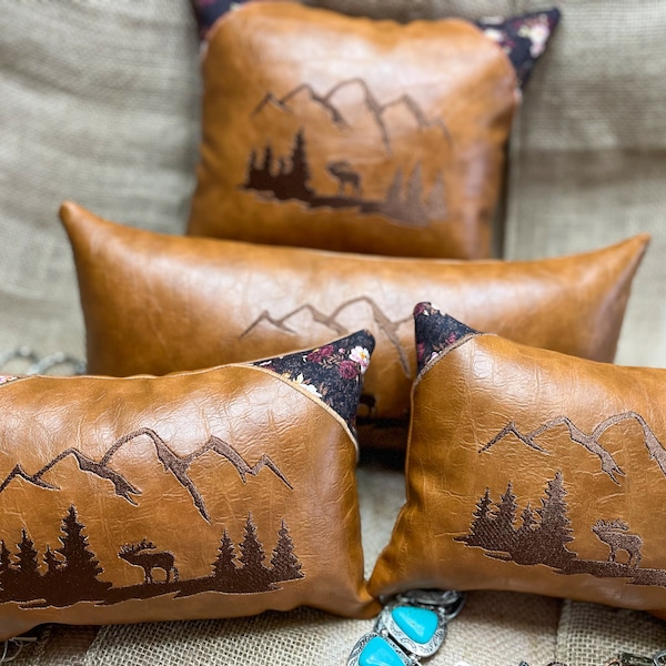 Leather pillow, lodge pillow, rental cabin décor, small lumbar pillow, mountain lodge décor, cabin lodge decoration, mountain pillow