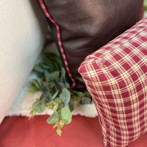 May include: Two throw pillows, one with a brown faux leather cover and the other with a red and white plaid pattern. The pillows are sitting on a red surface with a green plant in the foreground.