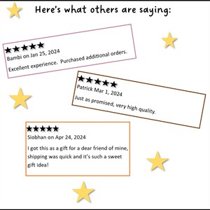 Pode incluir: Cinco estrelas para um produto. As avalia&ccedil;&otilde;es s&atilde;o de Bambi, Patrick e Siobhan. Bambi diz "Experi&ecirc;ncia excelente. Pedidos adicionais comprados." Patrick diz "Como prometido, qualidade muito alta." Siobhan diz "Comprei isto como um presente para um(a) querido(a) amigo(a) meu(minha), o envio foi r&aacute;pido e &eacute; uma ideia de presente t&atilde;o doce!"