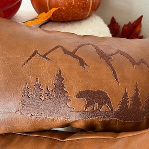 Leather bear pillow, lodge decor pillow, mountain pillow for bear lover gift, small leather lumbar pillow, rustic cabin décor, air bnb throw