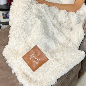 Personalized monogram blanket gift for minimalist or cabin home, fur sherpa throw blanket with custom patch, boho throw blanket,  A