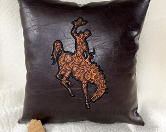 Western cowboy Dad gift pillow, man cave decoration, leather lumbar pillow, cowboy personalized gift, Rustic Cabin Decor, GCA