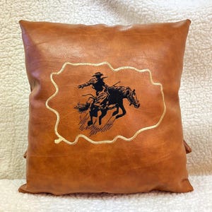 Leather rodeo lumbar pillow, Cowboy decoration throw pillow cushion covers, 20x20 western style home rodeo accent cushion, cabin pillow Bucking Bronc Rider
