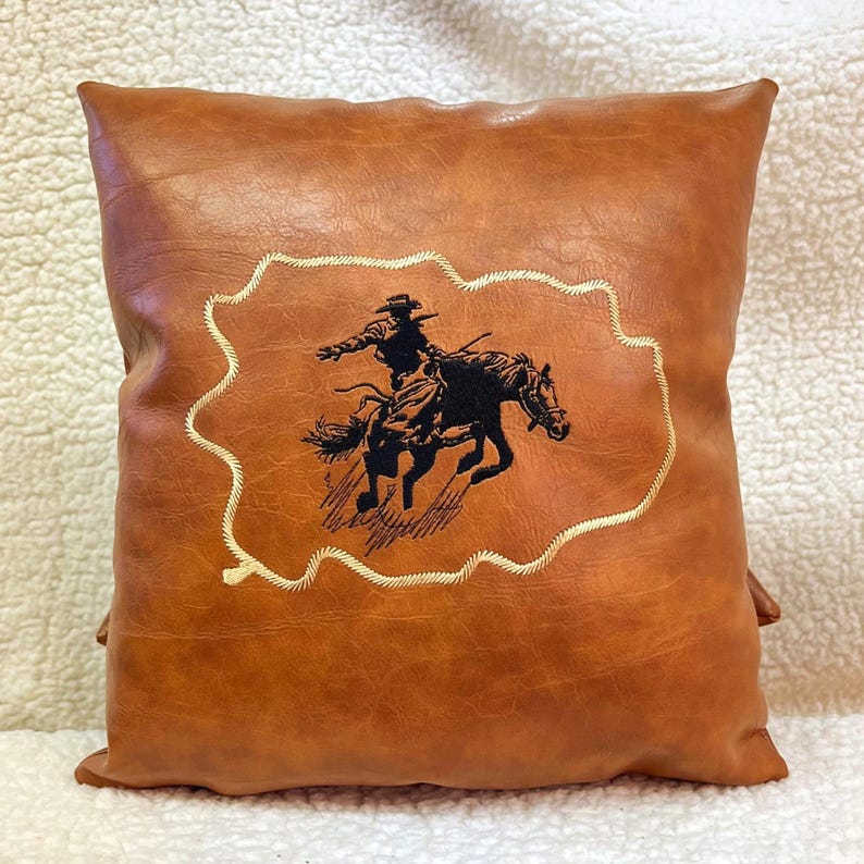 Leather rodeo lumbar pillow, Cowboy decoration throw pillow cushion covers, 20x20 western style home rodeo accent cushion, cabin pillow Bucking Bronc Rider