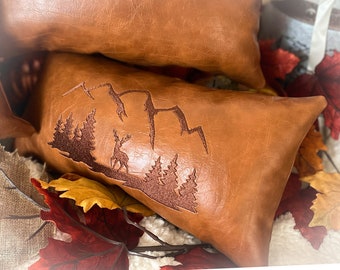 Leather deer pillow, small lumbar pillow, personalized leather pillow, headrest pillow, mountain cabin decor, mountain throw cushion