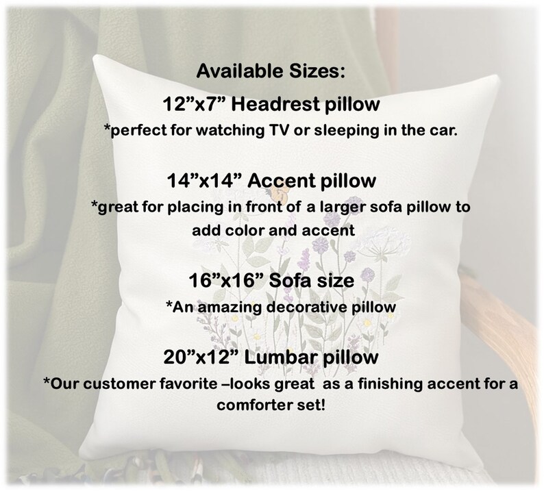 Pode incluir: Travesseiro branco com bordado floral e texto que diz "Available Sizes:" seguido de quatro tamanhos de travesseiros diferentes e descri&ccedil;&otilde;es. Os tamanhos s&atilde;o 12"x7" Headrest pillow, 14"x14" Accent pillow, 16"x16" Sofa size, e 20"x12" Lumbar pillow.