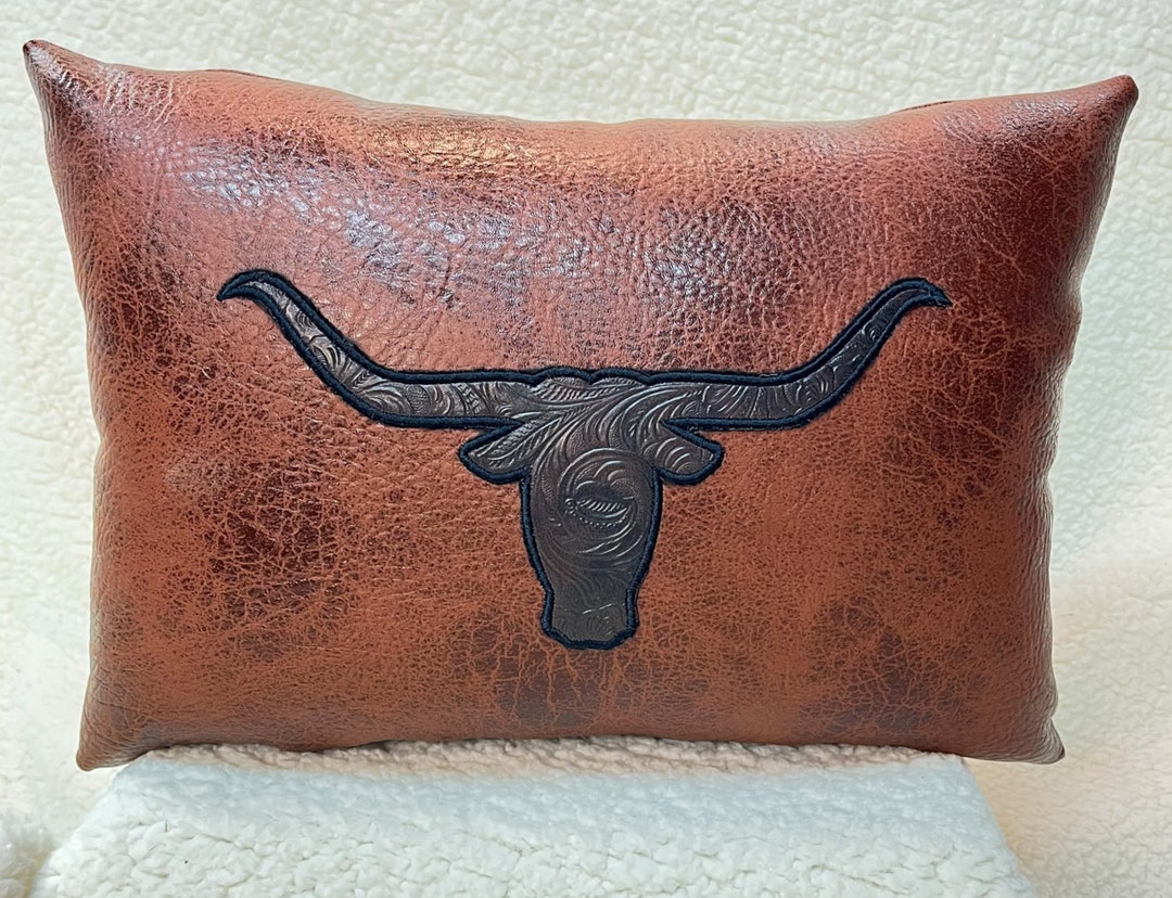 Texas Longhorn Leather Pillow for Dad Gift, Western Cowboy Decoration