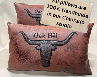 Texas Longhorn Pillow for boyfriend gift, western home ranch style decor, personalized leather cushion accessory