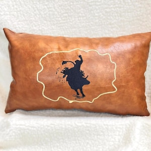 Leather rodeo lumbar pillow, Cowboy decoration throw pillow cushion covers, 20x20 western style home rodeo accent cushion, cabin pillow Bull Rider