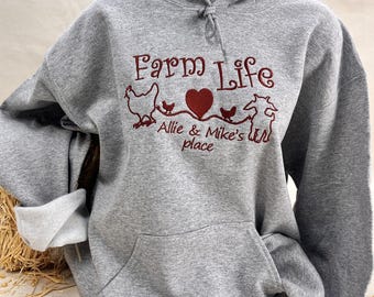 Custom Farm Life Sweatshirt Embroidered, Personalized Homestead Hoodie, Chicken Goat Farm Name Crewneck, Gift for Farmer