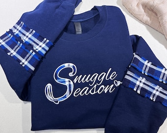 Snuggle Season Embroidered Sweatshirt, Plaid Applique Crewneck, Frayed Sleeves, Women’s Cozy Fall Winter Pullover