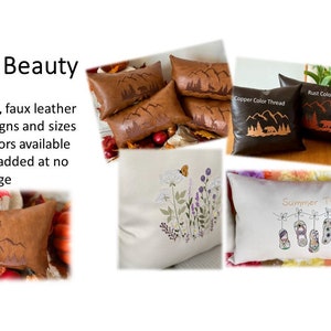 Pode incluir: Conjunto de almofadas decorativas com v&aacute;rios designs e cores. Algumas almofadas s&atilde;o feitas de couro sint&eacute;tico com designs de montanhas e &aacute;rvores, enquanto outras s&atilde;o feitas de tecido com designs florais e de ver&atilde;o bordados. As almofadas est&atilde;o dispon&iacute;veis em uma variedade de cores, incluindo marrom, branco e bege. O texto "Copper Color Thread", "Rust Color Thread", "Gold Color Thread", e "Summer Time" &eacute; vis&iacute;vel nas almofadas.