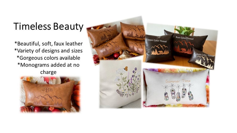 Pode incluir: Conjunto de almofadas decorativas com v&aacute;rios designs e cores. Algumas almofadas s&atilde;o feitas de couro sint&eacute;tico com designs de montanhas e &aacute;rvores, enquanto outras s&atilde;o feitas de tecido com designs florais e de ver&atilde;o bordados. As almofadas est&atilde;o dispon&iacute;veis em uma variedade de cores, incluindo marrom, branco e bege. O texto "Copper Color Thread", "Rust Color Thread", "Gold Color Thread", e "Summer Time" &eacute; vis&iacute;vel nas almofadas.