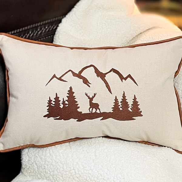 Leather bear pillow cabin decor for mountain lover embroidered pillow lodge decoration log cabin + large lumbar leather pillow rv pillow