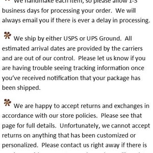 May include: The Home and Hearth FAQ's page provides information about handmade items, shipping, and returns. It states that they handmake each item and allow 1-3 business days for processing orders. They ship via USPS or UPS Ground and accept returns and exchanges in accordance with their store policies.