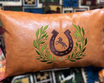 Leather horse pillow, personalized equestrian throw pillow, ranch style décor, rustic western décor, cabin throw pillow