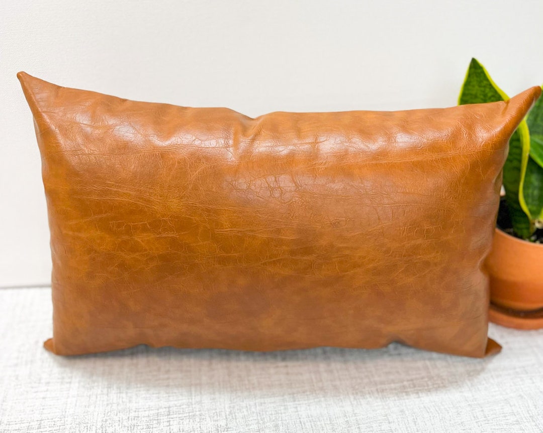 Cognac Faux Leather Pillow, Designer Pillow, Small Lumbar Pillow, 20x12