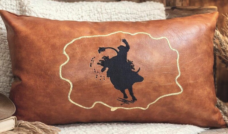Leather rodeo lumbar pillow, Cowboy decoration throw pillow cushion covers, 20x20 western style home rodeo accent cushion, cabin pillow image 6