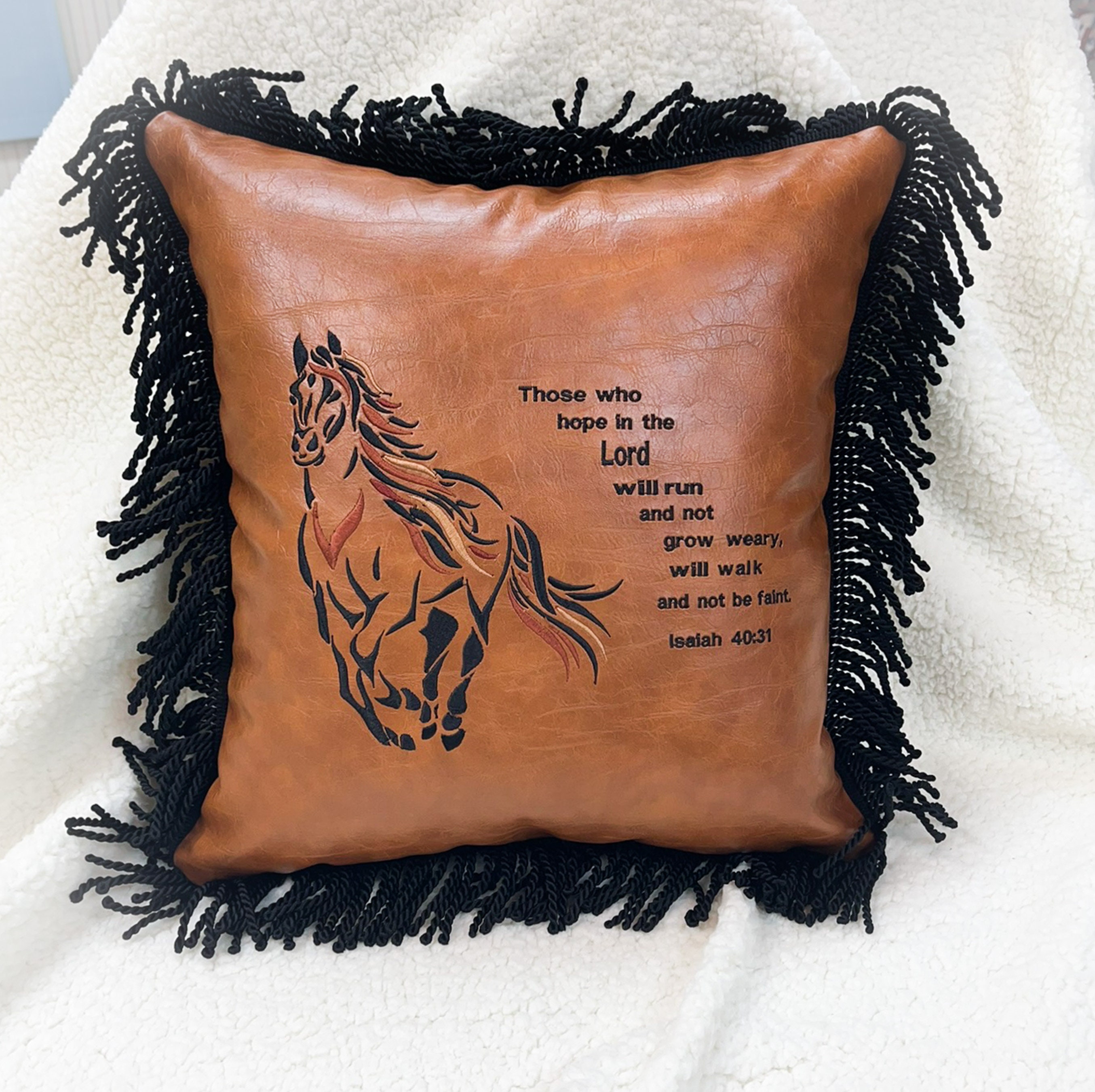 Surat Brown Embossed Leather Throw Pillow with Down-Alternative