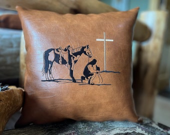 Western faux leather pillow, western cowboy decor , small lumbar cushion, sofa pillow, 12x20 cowboy pillow, embroidered throw cushion