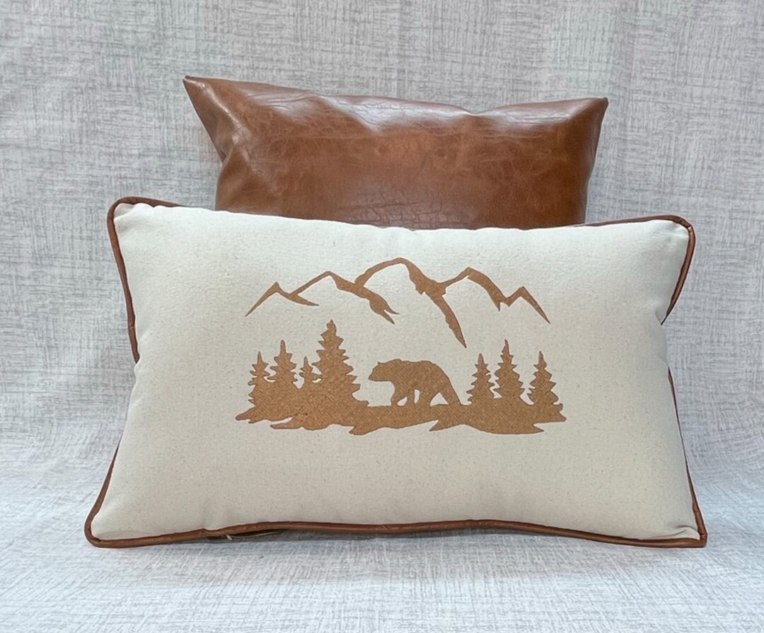 Cabin Throw Pillow Embroidered Leather Bear Pillow Rustic Etsy