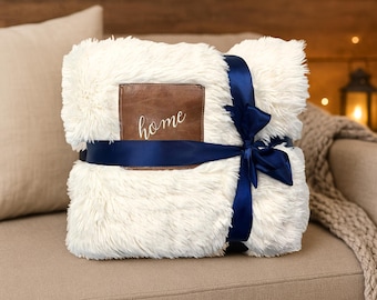 Personalized Cream Faux Fur Sherpa Throw Blanket: Vegan Leather Patch