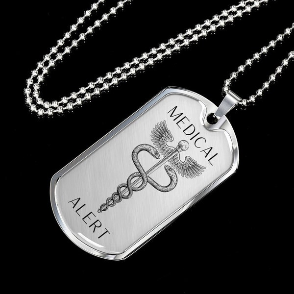 Unisex Medical Alert Dog Tag Necklace with Engraved Name Information, Medical Necklace, Mens Medical ID, Diabetes, Dementia