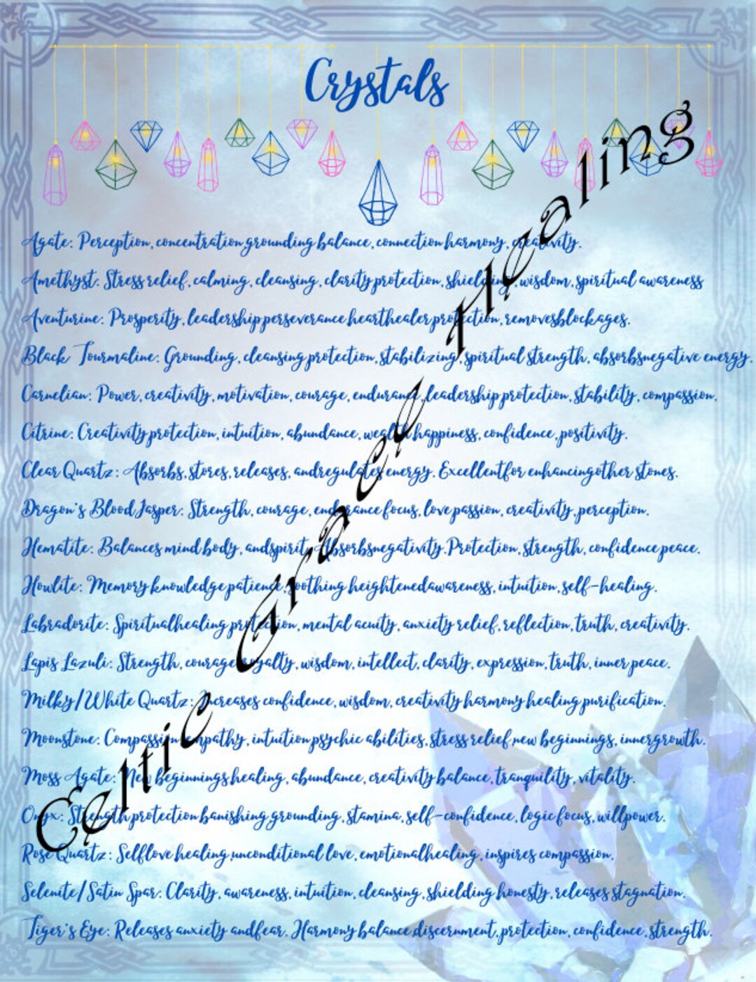 Digital Healing Crystal Guide - Instant Download; Celtic Crystal Guide ...