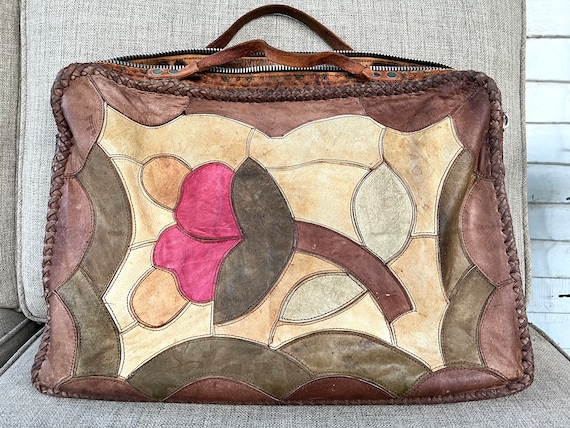 Char Leather Briefcase, Rare 1960’s Boho Floral L… - image 1