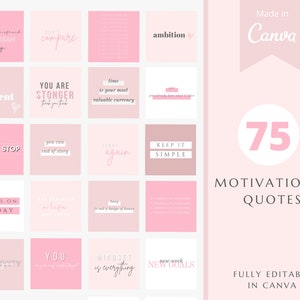 Puede incluir: Un gráfico rosa y blanco con 75 frases motivacionales. Las frases se muestran en una cuadrícula con un fondo rosa y texto blanco. El texto "Made in Canva" se muestra en la esquina superior derecha del gráfico. El texto "75 frases motivacionales" se muestra en la esquina inferior derecha del gráfico. El texto "Totalmente editable en Canva" se muestra en la esquina inferior derecha del gráfico.