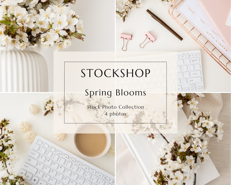May include: A collage of four photos featuring white cherry blossoms, a white keyboard, a white cup of coffee, and a white notebook with a pink pen and gold paper clips. The text "STOCKSHOP Spring Blooms Stock Photo Collection 4 photos" is displayed in the center of the collage.