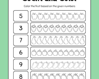 May include: A black and white printable worksheet with the title "Count and Color". The worksheet has a set of numbers from 1 to 9 and a row of fruit images next to each number. The instructions are to colour the fruit based on the given numbers.