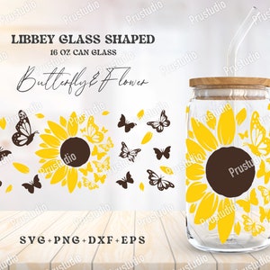 Sunflower and Butterfly Libbey Glass Shaped 16OZ Can glass svg|Libbey Glass Svg,Can Glass Svg|butterfly svg|beer Can Glass Digital download.