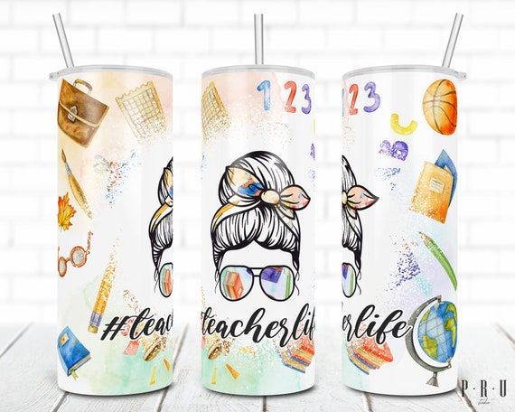 20 Oz Skinny Tumbler Sublimation Design of Teacher Life and School Life  Watercolor PNG Digital Download for Straight and Tapered Tumbler. 