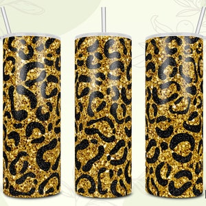 20 Oz Skinny tumbler sublimation design of black and Gold glitter with leopard print | Digital Download For Straight And Tapered Tumbler.