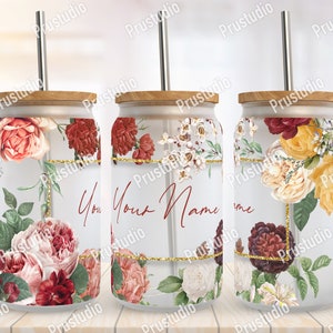 Lata de cerveja de 16 onças embrulhada em vidro Flor com espaço para nome Designs de sublimação | Vidro Libbey Png | Can Glass Png|Rose Can Glass Digital baixar.