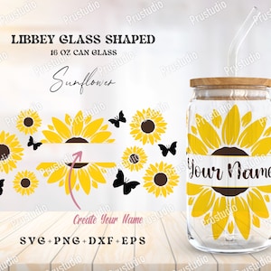 Nome personalizado de girassol Libbey Glass Shaped 16 OZ Can glass svg |Libbey Glass Svg,Can Glass Svg|butterfly svg|beer Can Glass Digital download.