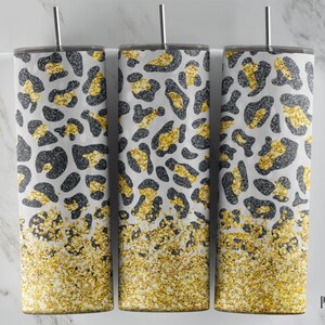 20 Oz Skinny tumbler sublimation design of black and Gold glitter with leopard print | Digital Download For Straight And Tapered Tumbler.